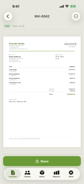 A finished, branded invoice ready to send