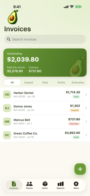 Invoice list showing who owes what