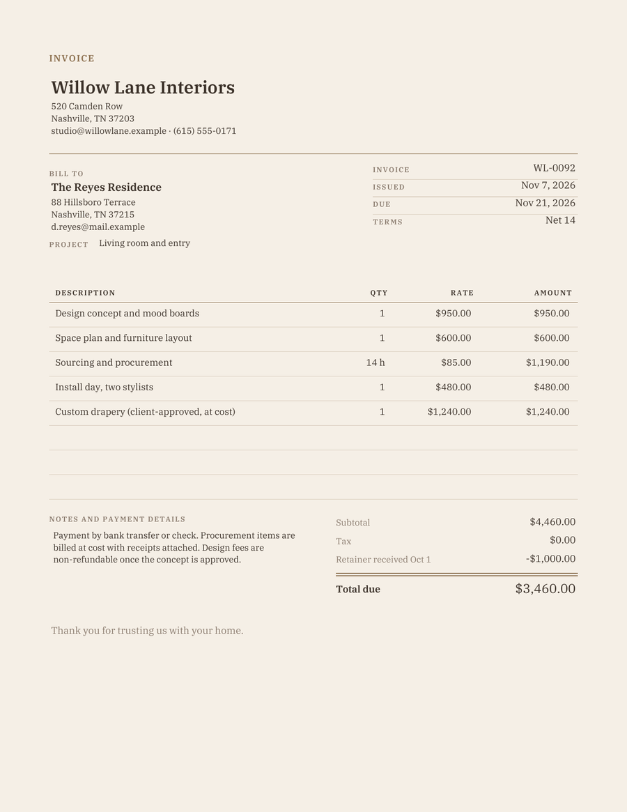 Aesthetic Invoice Template: filled sample invoice