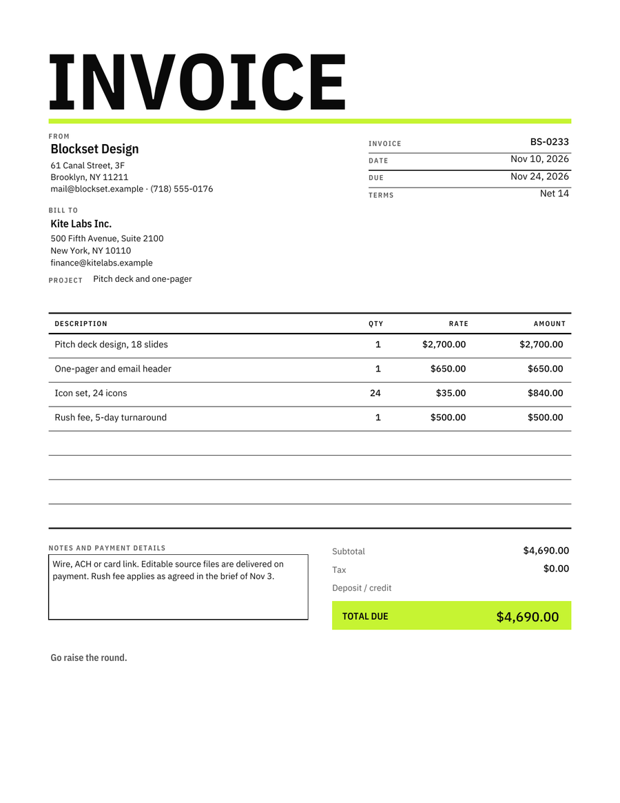 Bold Invoice Design, filled sample