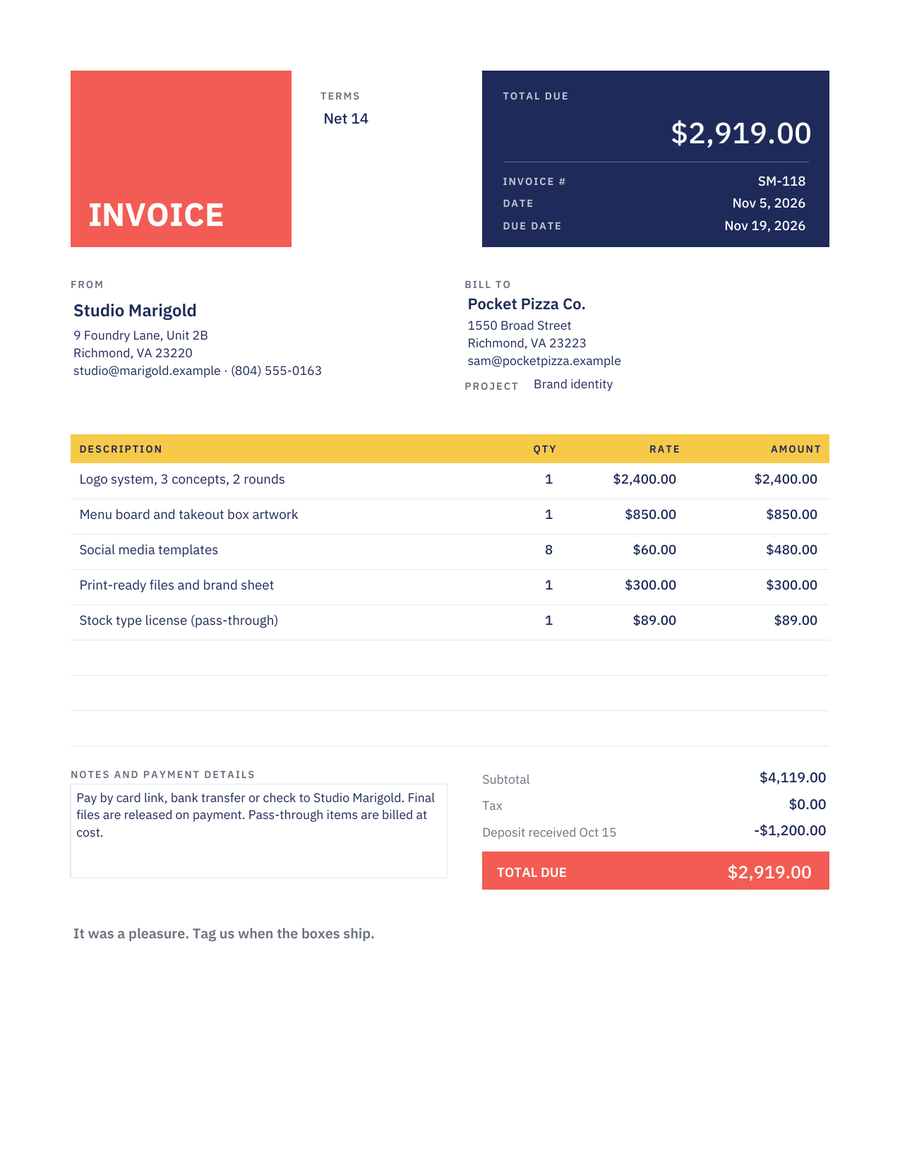 Creative Invoice Design, filled sample