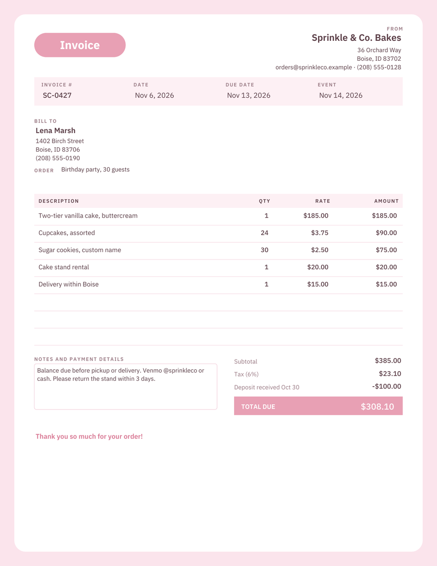 Cute Invoice Template, filled sample