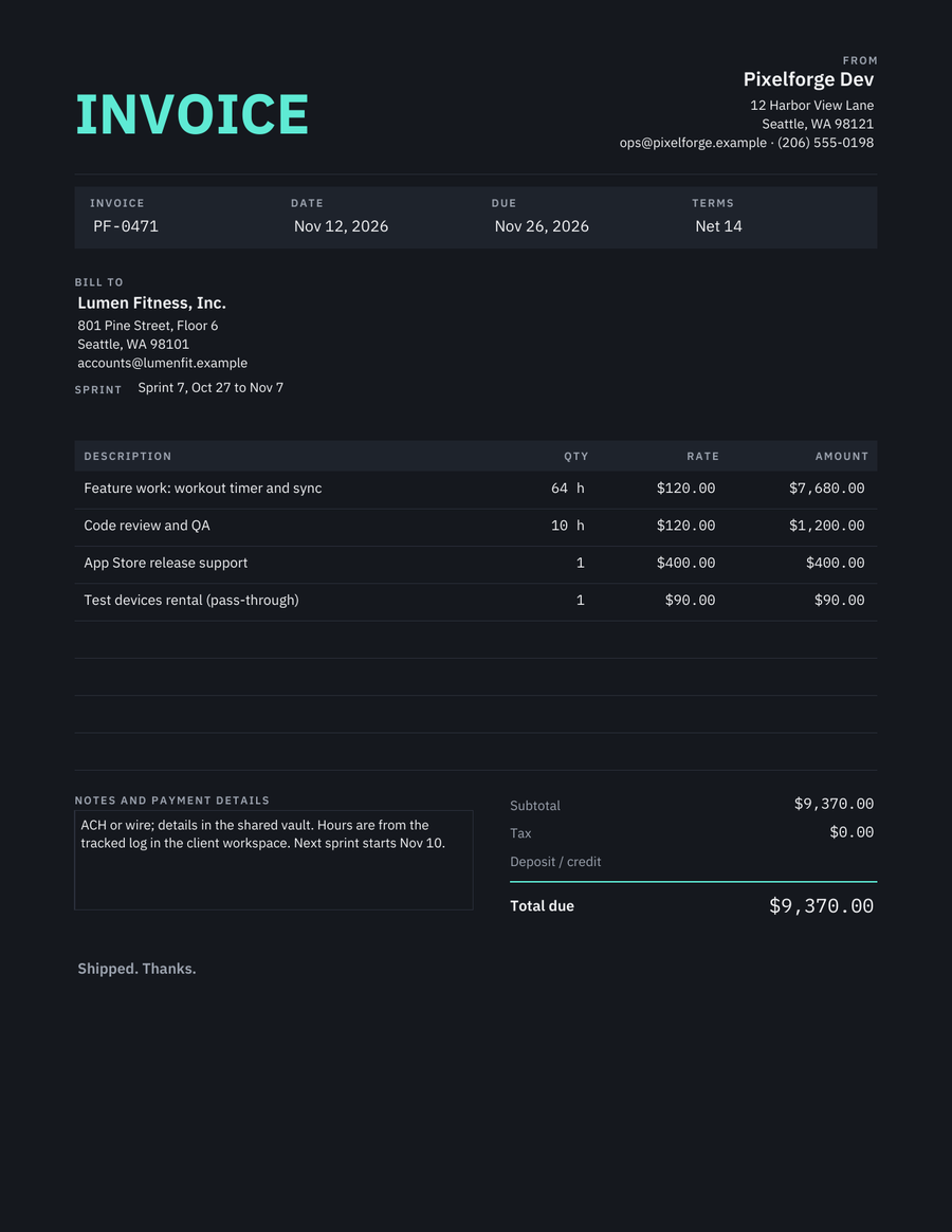 Dark Invoice Template: filled sample invoice