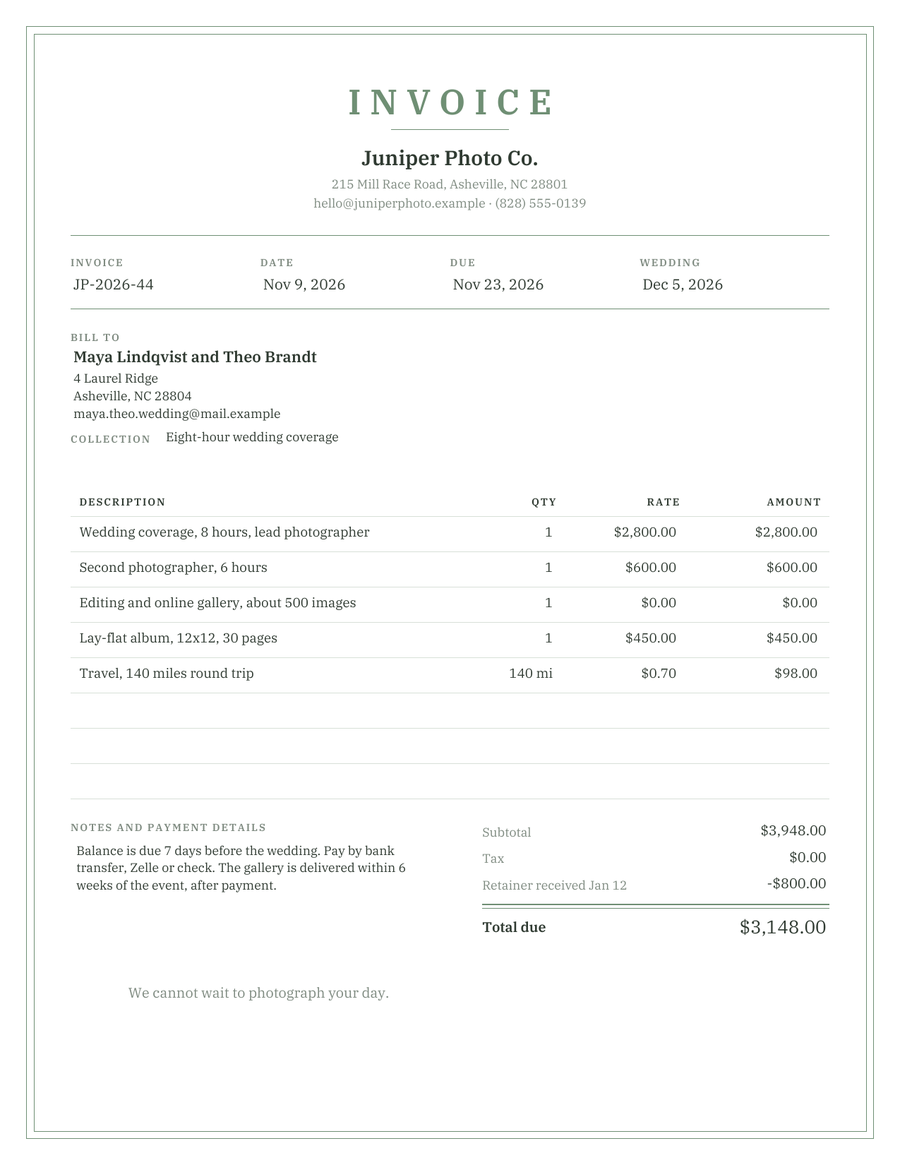 Elegant Invoice Template, filled sample