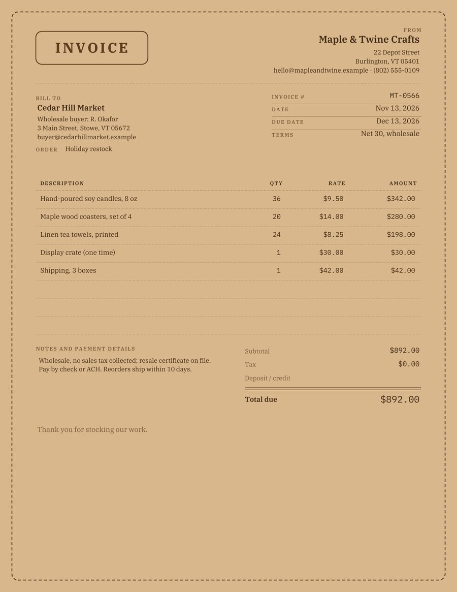 Kraft Paper Invoice Template, filled sample