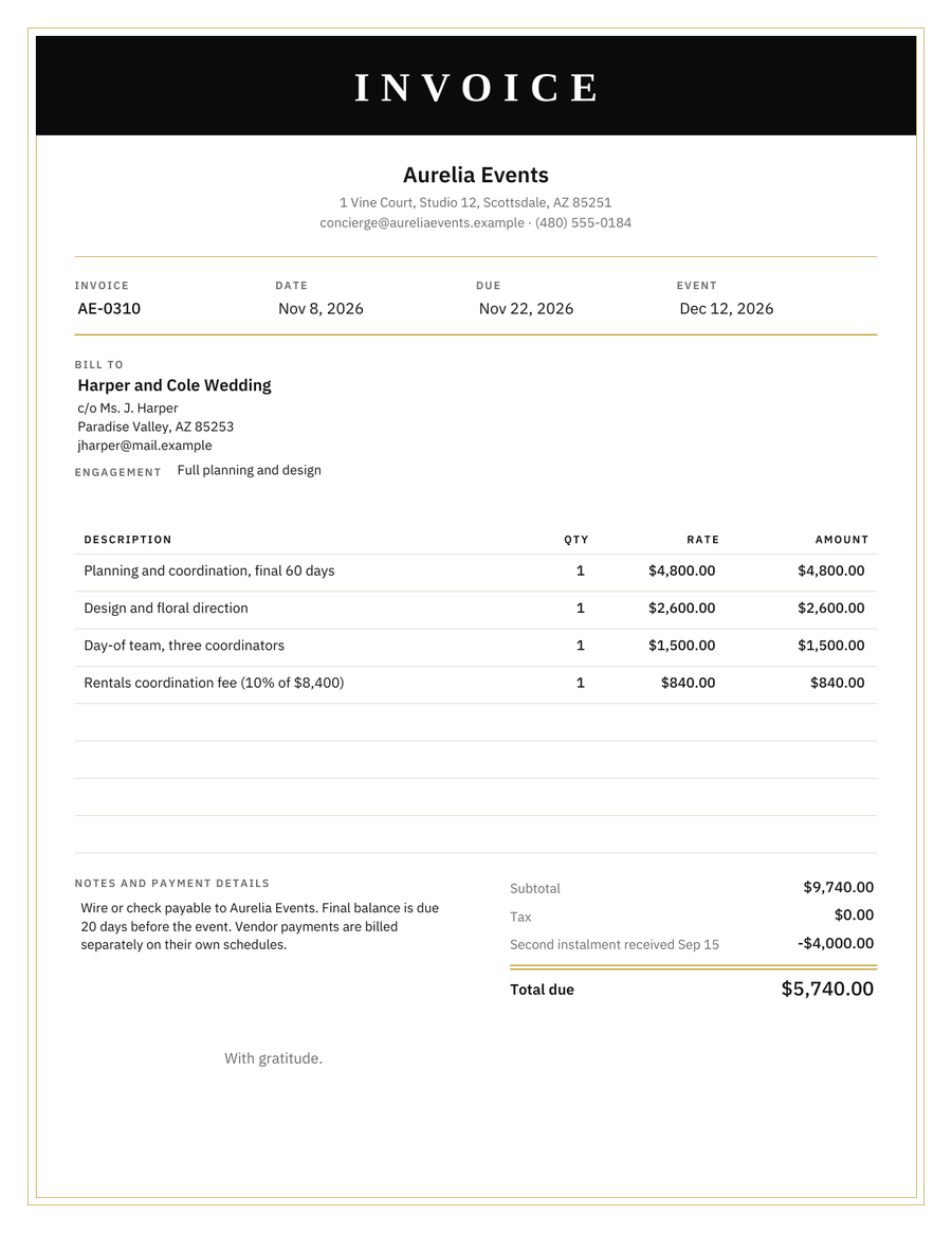 Luxury Invoice Template, filled sample