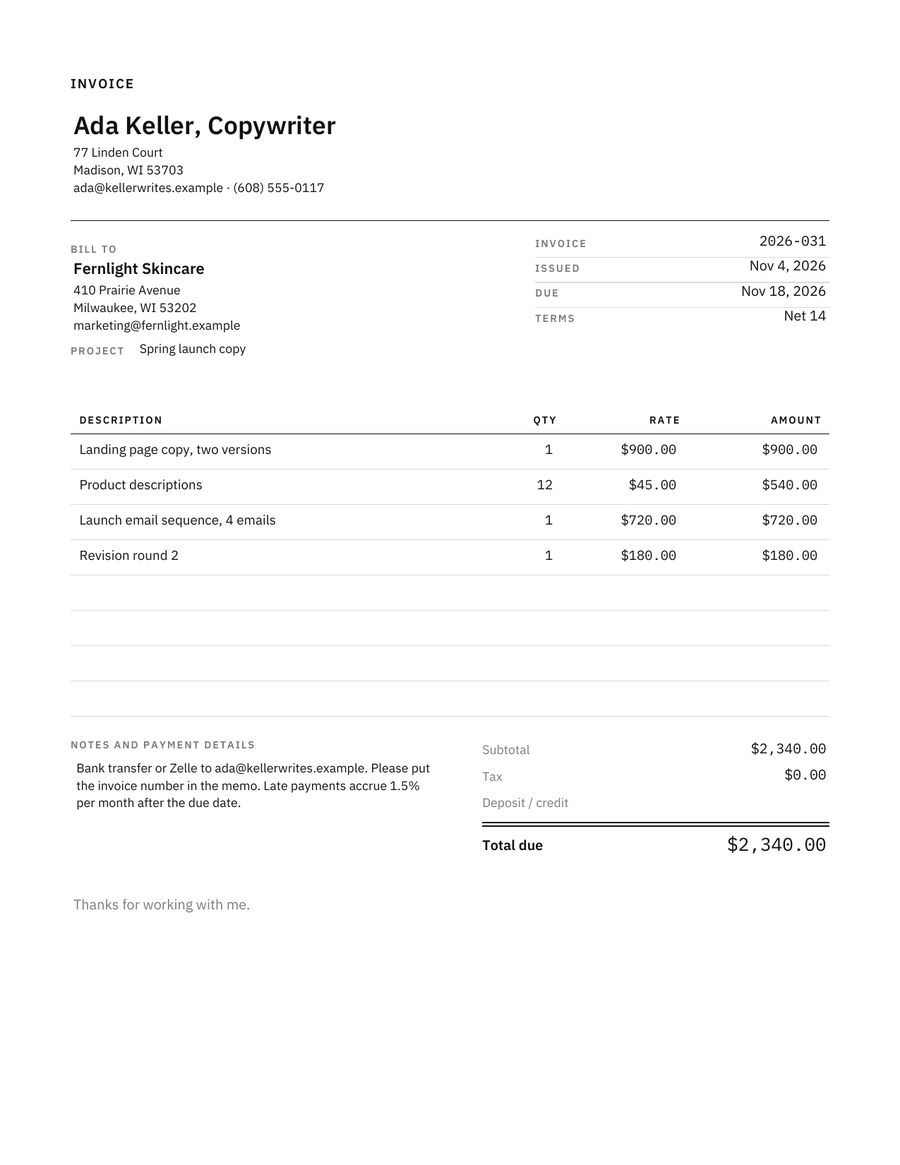 Minimalist Invoice Template, filled sample