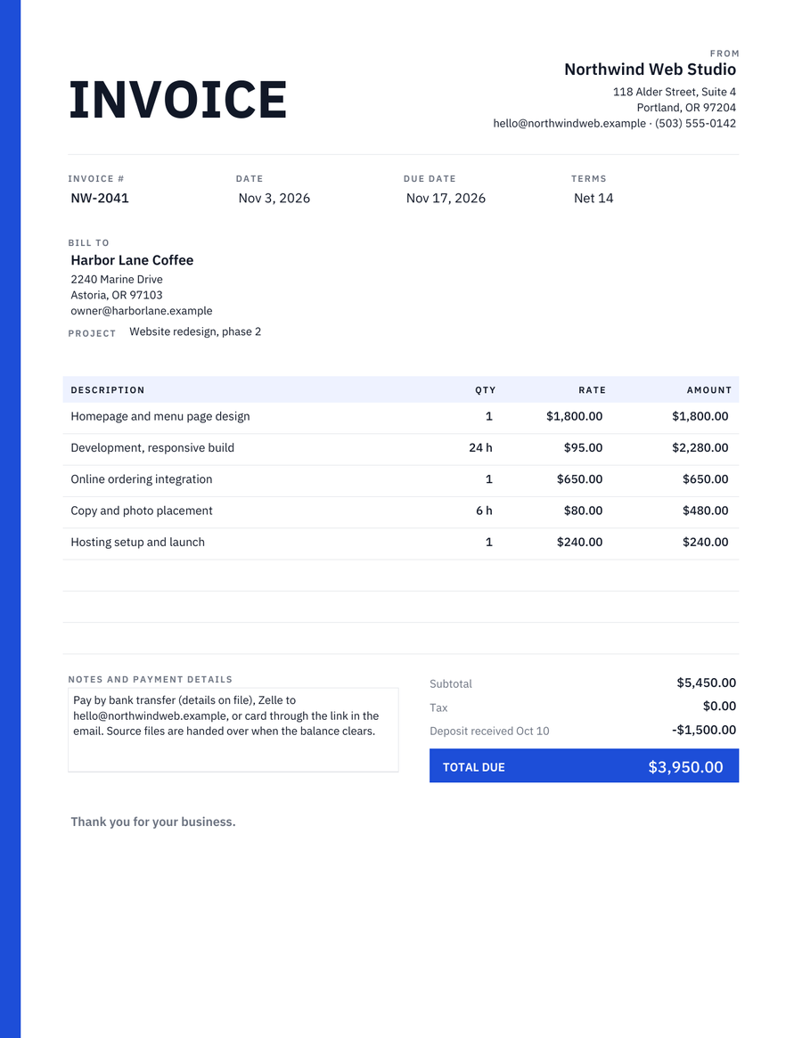 Modern Invoice Template, filled sample