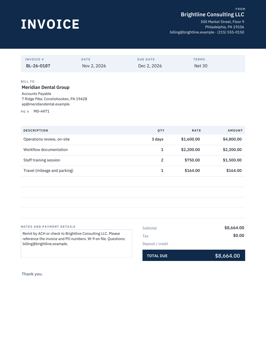 Professional Invoice Template, filled sample
