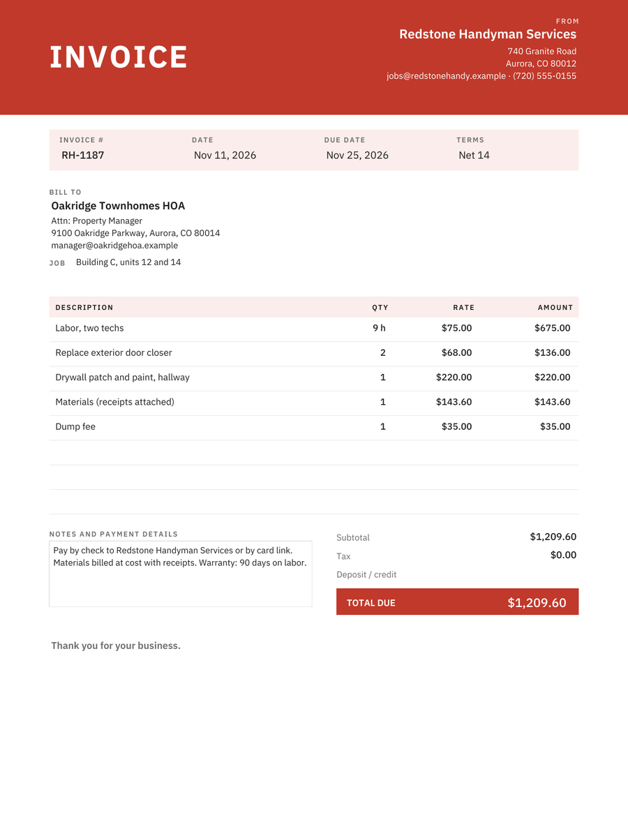 Red Invoice Template: filled sample invoice